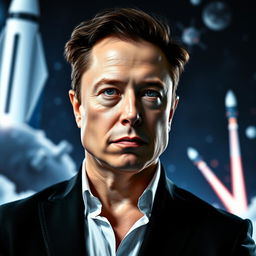 A portrait of Elon Musk, showcasing his intense gaze and thoughtful expression