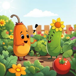 In a bright morning garden, a cute vegetable is engaged in a lively argument with another, showcasing its expressive features and playful demeanor
