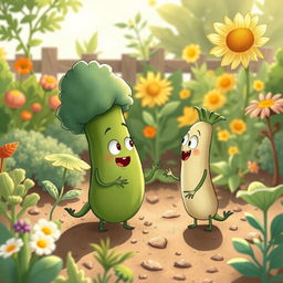 In a bright morning garden, a cute vegetable is engaged in a lively argument with another, showcasing its expressive features and playful demeanor