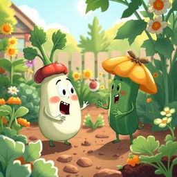 In a bright morning garden, a cute vegetable is engaged in a lively argument with another, showcasing its expressive features and playful demeanor