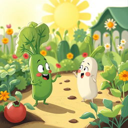 In a bright morning garden, a cute vegetable is engaged in a lively argument with another, showcasing its expressive features and playful demeanor