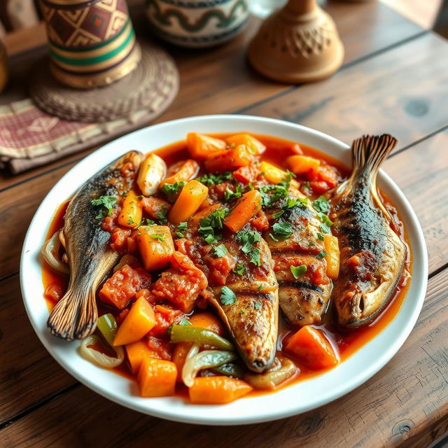 A beautifully arranged plate of Thieboudienne, a traditional Senegalese dish featuring succulent pieces of fish, expertly cooked within a rich and flavorful tomato sauce