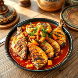 A beautifully arranged plate of Thieboudienne, a traditional Senegalese dish featuring succulent pieces of fish, expertly cooked within a rich and flavorful tomato sauce