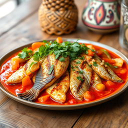 A beautifully arranged plate of Thieboudienne, a traditional Senegalese dish featuring succulent pieces of fish, expertly cooked within a rich and flavorful tomato sauce