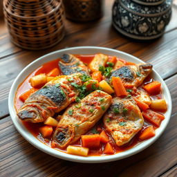 A beautifully arranged plate of Thieboudienne, a traditional Senegalese dish featuring succulent pieces of fish, expertly cooked within a rich and flavorful tomato sauce