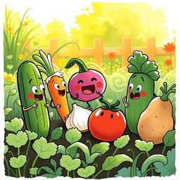 In a bright morning garden, a group of cute vegetables is engaged in a lively and humorous argument