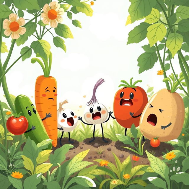 In a bright morning garden, a group of cute vegetables is engaged in a lively and humorous argument