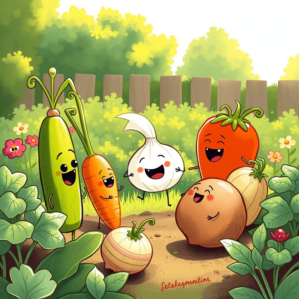 In a bright morning garden, a group of cute vegetables is engaged in a lively and humorous argument