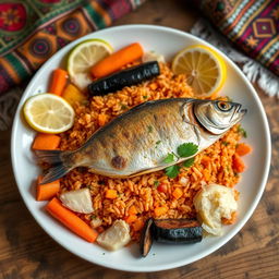 A beautifully arranged plate of Thieboudienne, a traditional Senegalese dish featuring a mix of flavors and vibrant colors