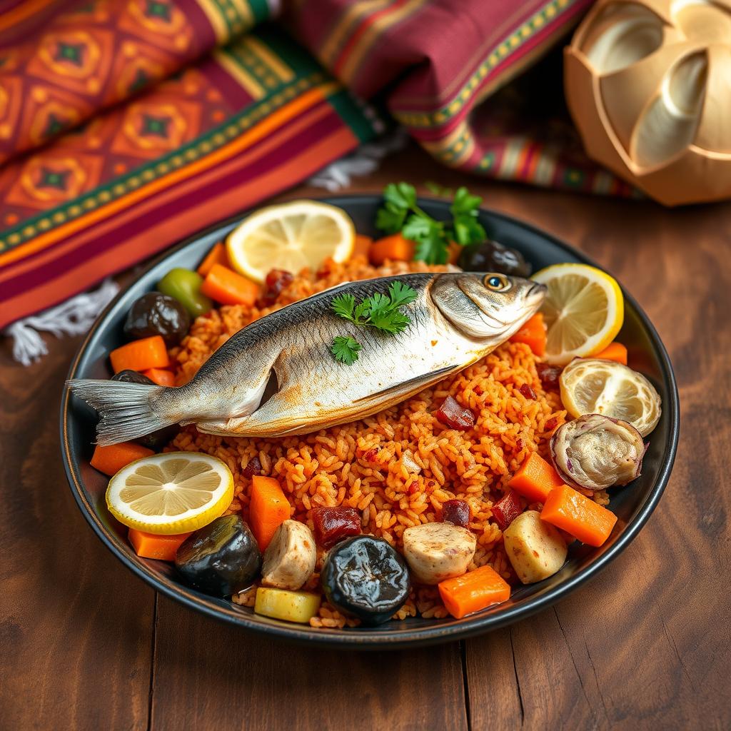 A beautifully arranged plate of Thieboudienne, a traditional Senegalese dish featuring a mix of flavors and vibrant colors