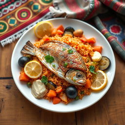 A beautifully arranged plate of Thieboudienne, a traditional Senegalese dish featuring a mix of flavors and vibrant colors