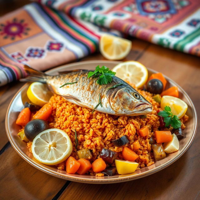 A beautifully arranged plate of Thieboudienne, a traditional Senegalese dish featuring a mix of flavors and vibrant colors