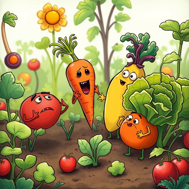 In the morning garden, a group of adorable vegetables are having a heated argument, showcasing their colorful and expressive features