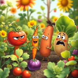 In the morning garden, a group of adorable vegetables are having a heated argument, showcasing their colorful and expressive features