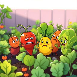 In the morning garden, a group of adorable vegetables are having a heated argument, showcasing their colorful and expressive features