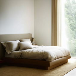 A chic bedroom with a bed lying right on the floor, neatly made with cozy linens, situated beneath a very small, elegantly framed window on the right, allowing a sparse stream of daylight to trickle in.