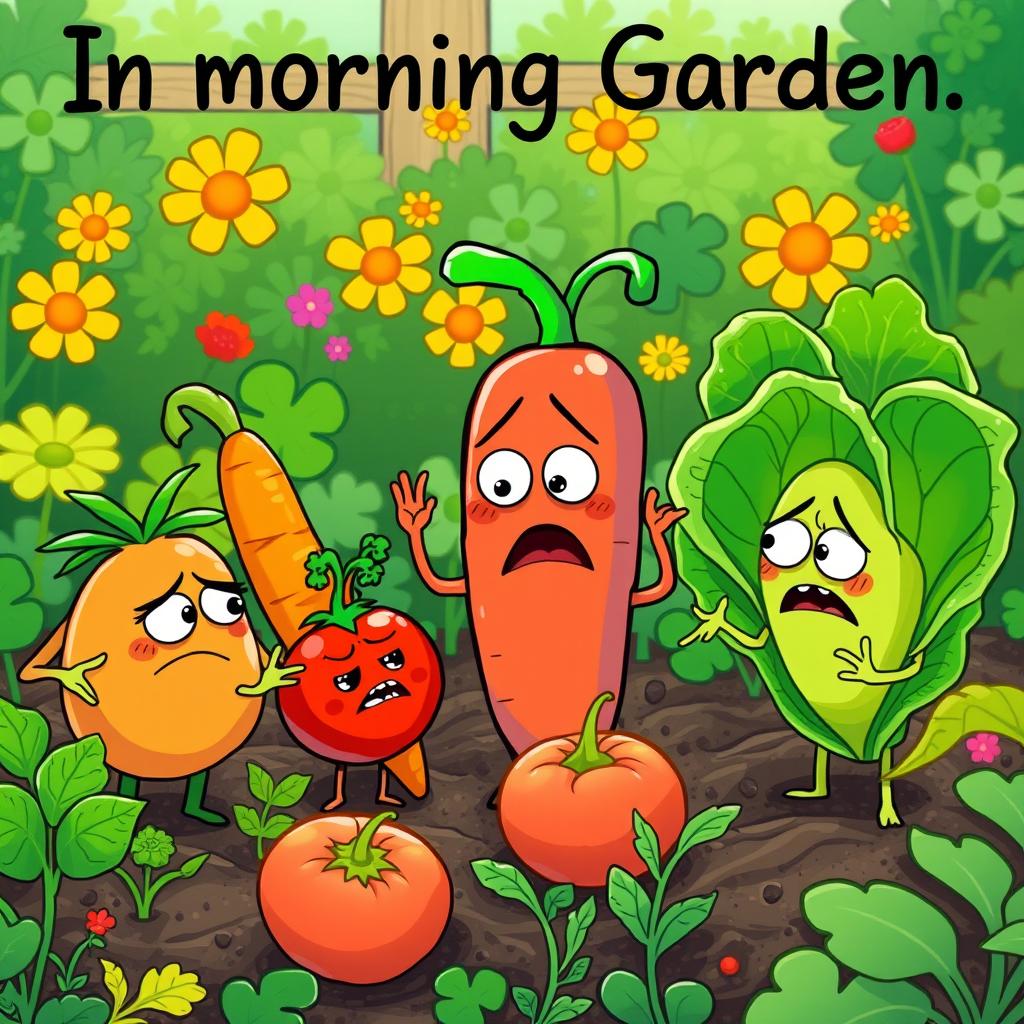 In the morning garden, a group of adorable vegetables are having a heated argument, showcasing their colorful and expressive features