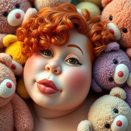 A round, pale-skinned woman with curly red hair, plump lips, and pink nipples