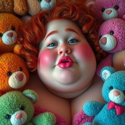 A round, pale-skinned woman with curly red hair, plump lips, and pink nipples