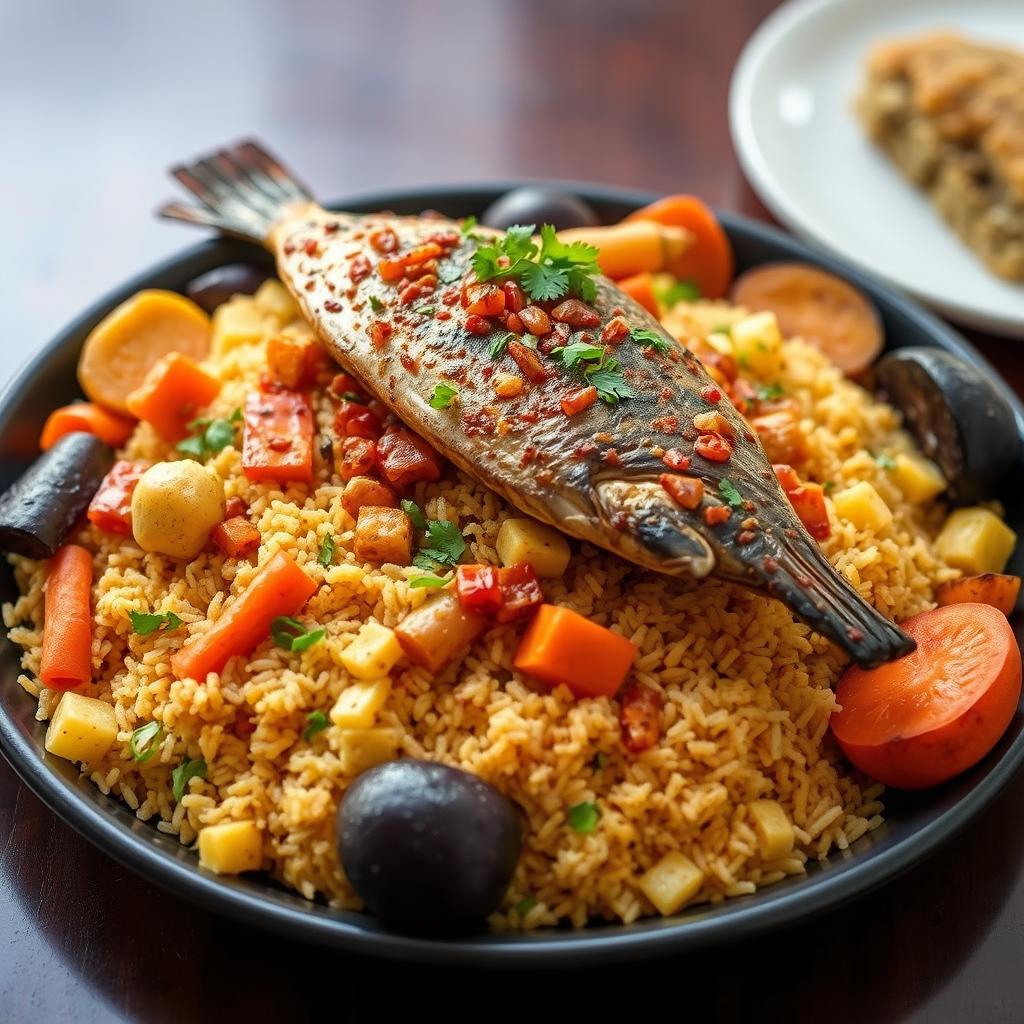 A beautifully arranged Thieboudienne, the traditional Senegalese dish, featuring vibrant layers of colorful ingredients