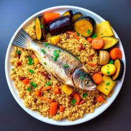 A beautifully arranged Thieboudienne, the traditional Senegalese dish, featuring vibrant layers of colorful ingredients