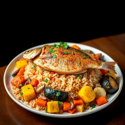 A beautifully arranged Thieboudienne, the traditional Senegalese dish, featuring vibrant layers of colorful ingredients