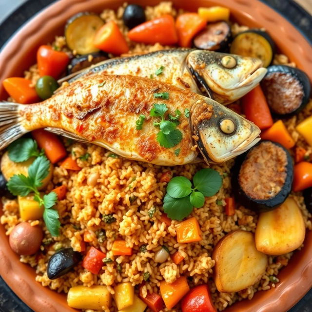 A beautifully arranged Thieboudienne, the traditional Senegalese dish, featuring vibrant layers of colorful ingredients