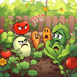 In the morning garden, a group of adorable vegetables are angrily arguing with each other, captured in a colorful and whimsical setting