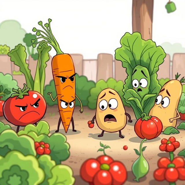 In the morning garden, a group of adorable vegetables are angrily arguing with each other, captured in a colorful and whimsical setting