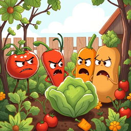 In the morning garden, a group of adorable vegetables are angrily arguing with each other, captured in a colorful and whimsical setting