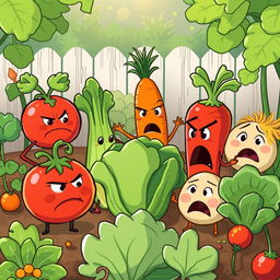 In the morning garden, a group of adorable vegetables are angrily arguing with each other, captured in a colorful and whimsical setting