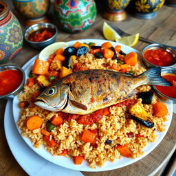 A vibrant and colorful plate of Thieboudienne, the traditional Senegalese dish