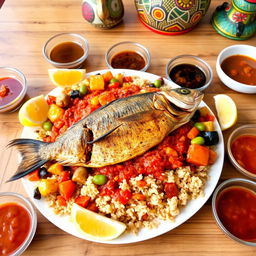 A vibrant and colorful plate of Thieboudienne, the traditional Senegalese dish