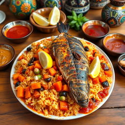 A vibrant and colorful plate of Thieboudienne, the traditional Senegalese dish