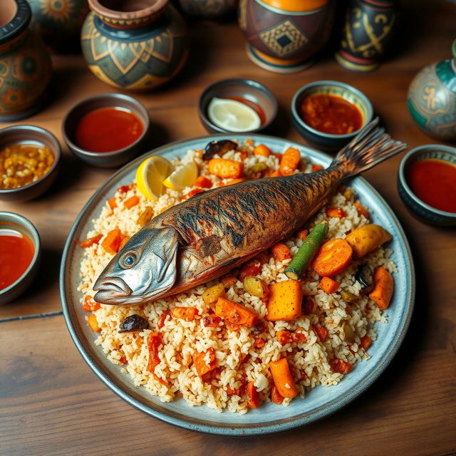 A vibrant and colorful plate of Thieboudienne, the traditional Senegalese dish