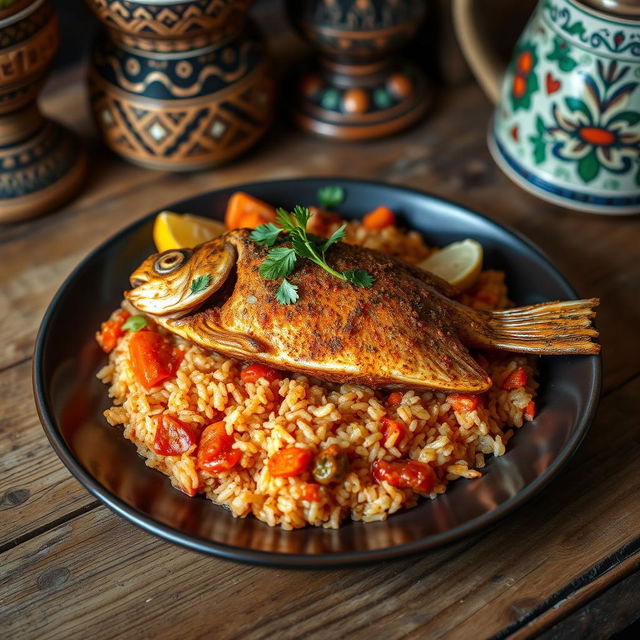 A beautifully arranged plate of Thieboudienne, a traditional Senegalese dish featuring a vibrant, spiced fish fillet served on a bed of cooked rice, colored with tomato sauce