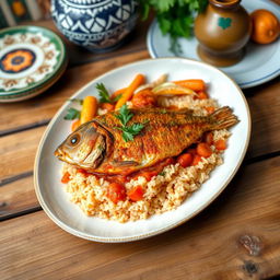 A beautifully arranged plate of Thieboudienne, a traditional Senegalese dish featuring a vibrant, spiced fish fillet served on a bed of cooked rice, colored with tomato sauce