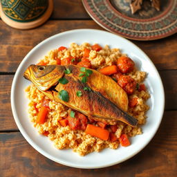 A beautifully arranged plate of Thieboudienne, a traditional Senegalese dish featuring a vibrant, spiced fish fillet served on a bed of cooked rice, colored with tomato sauce