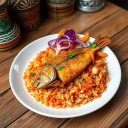 A beautifully arranged plate of Thieboudienne, a traditional Senegalese dish featuring a vibrant, spiced fish fillet served on a bed of cooked rice, colored with tomato sauce