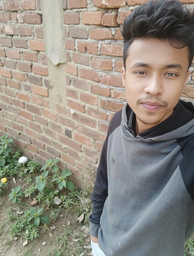 A young man standing casually in front of a rustic brick wall, featuring individual bricks that are slightly worn and weathered