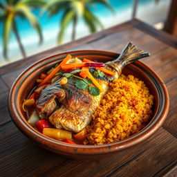 A beautifully plated Thieboudienne, a traditional Senegalese dish, featuring a vibrant serving of fish fillet that's perfectly cooked