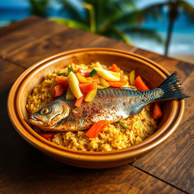 A beautifully plated Thieboudienne, a traditional Senegalese dish, featuring a vibrant serving of fish fillet that's perfectly cooked