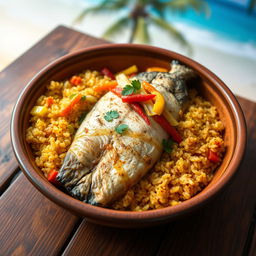 A beautifully plated Thieboudienne, a traditional Senegalese dish, featuring a vibrant serving of fish fillet that's perfectly cooked