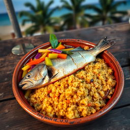 A beautifully plated Thieboudienne, a traditional Senegalese dish, featuring a vibrant serving of fish fillet that's perfectly cooked