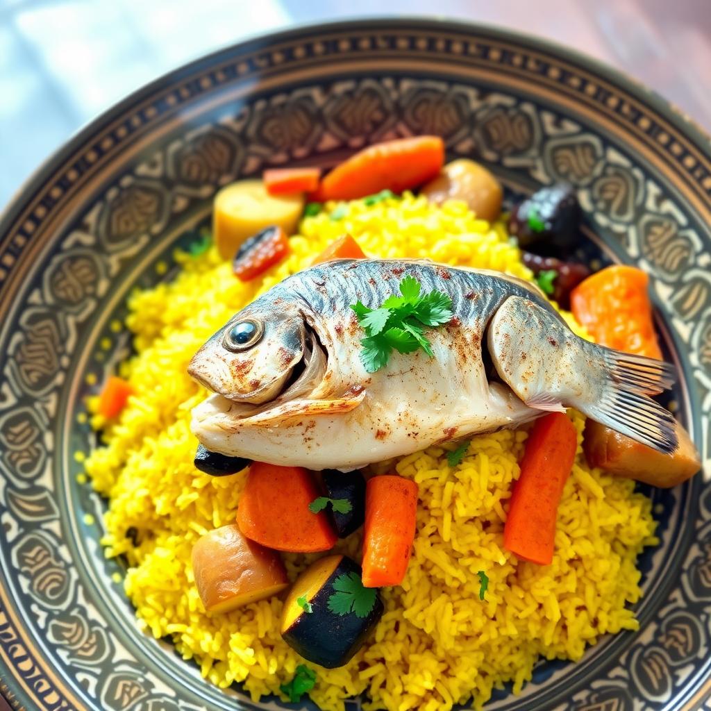 A beautifully arranged plate of Thieboudienne, the traditional Senegalese dish