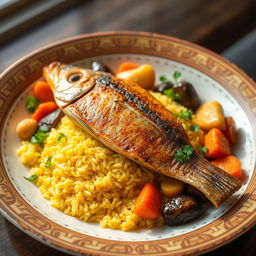 A beautifully arranged plate of Thieboudienne, the traditional Senegalese dish