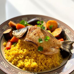 A beautifully arranged plate of Thieboudienne, the traditional Senegalese dish