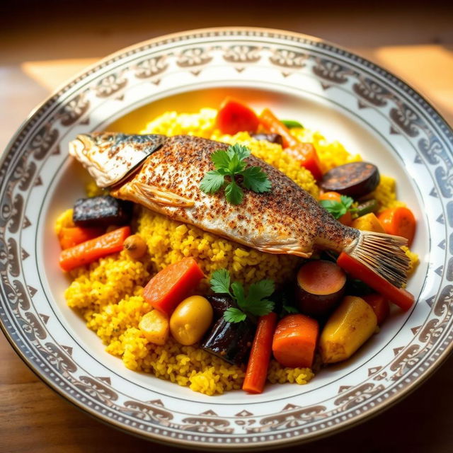 A beautifully arranged plate of Thieboudienne, the traditional Senegalese dish