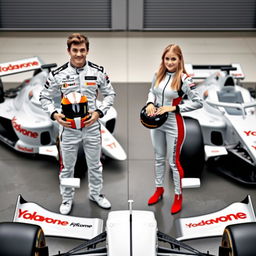 A male and female Formula 1 driver standing together, both holding their helmets in a confident pose