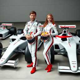 A male and female Formula 1 driver standing together, both holding their helmets in a confident pose